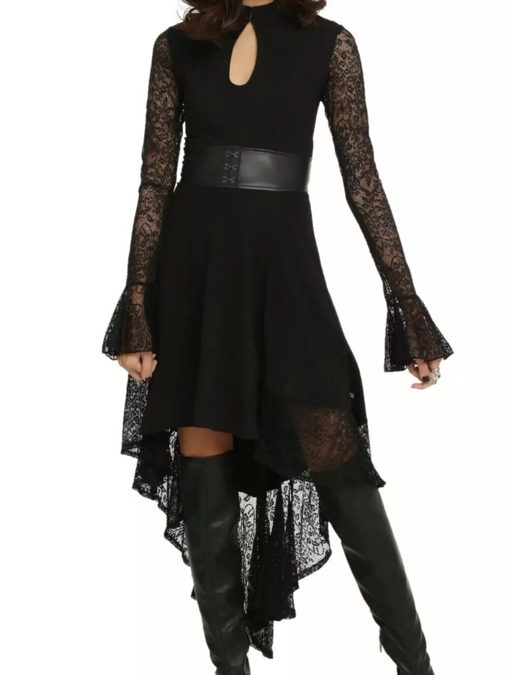 ROYAL BONES by TRIPP NYC Goth Lace Bell Sleeve Hi-Low Dress Black Keyhole Corset